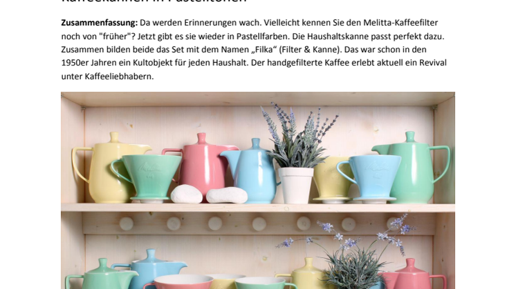 Ein Klassiker kommt zurück: Original Melitta-Kaffeefilter und Kaffeekannen in Pastelltönen