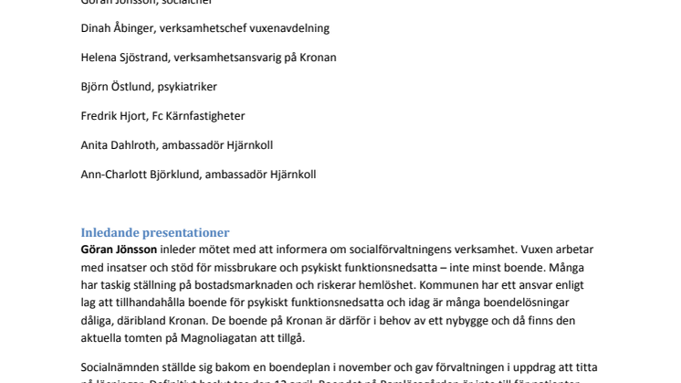 Minnesanteckningar från informationsmöte med socialförvaltningen om boende på Magnoliagatan 1 mars 2012