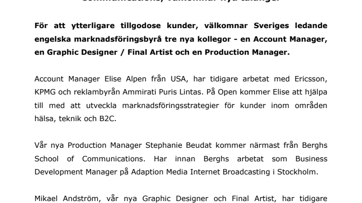 Open Communications välkomnar nya talanger
