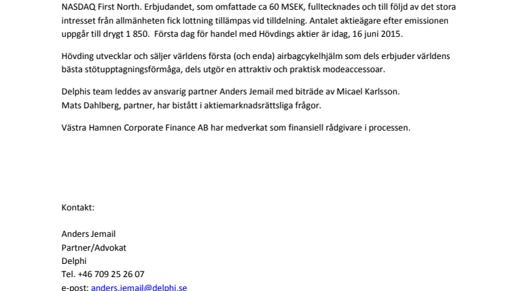 Delphi rådgivare till Hövding Sverige AB (publ) vid nyemission inför listning på First North 