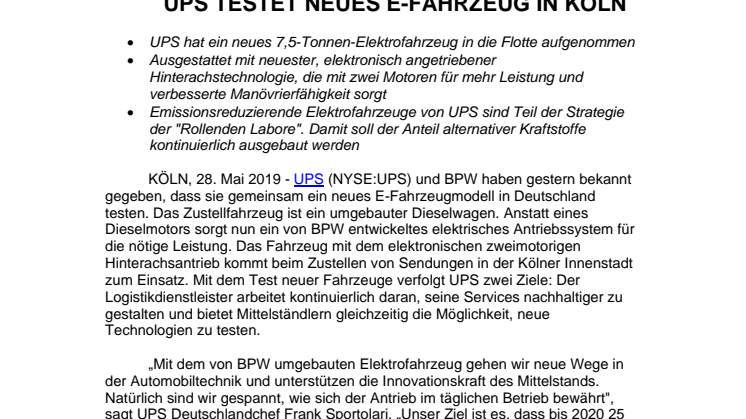 UPS testet neues E-Fahrzeug in Köln
