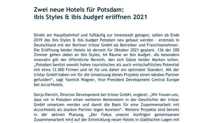 Zwei neue Hotels für Potsdam: ibis Styles & ibis budget eröffnen 2021