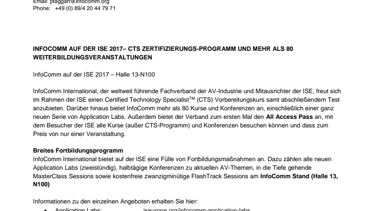  INFOCOMM AUF DER ISE 2017– CTS ZERTIFIZIERUNGS-PROGRAMM UND MEHR ALS 80 WEITERBILDUNGSVERANSTALTUNGEN