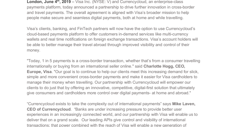 Visa ja Currencycloud  aloittivat yhteistyön, joka helpottaa ulkomaan maksuja