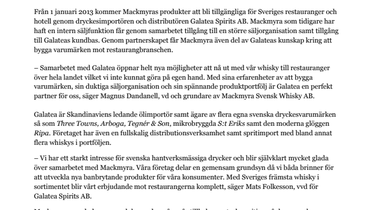 Mackmyra stärker distributionen - inleder samarbete med Galatea Spirits AB 