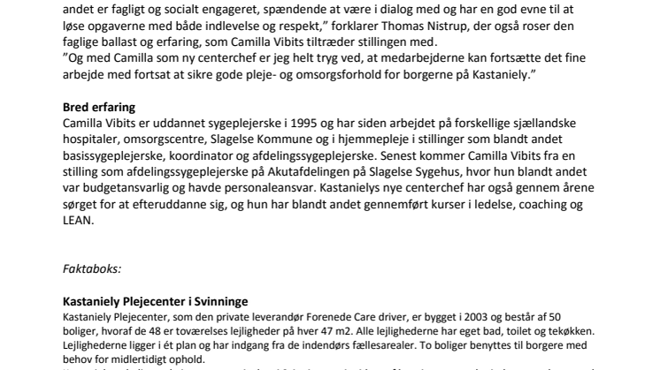 Ny, erfaren centerleder tiltræder på Kastaniely Plejecenter  