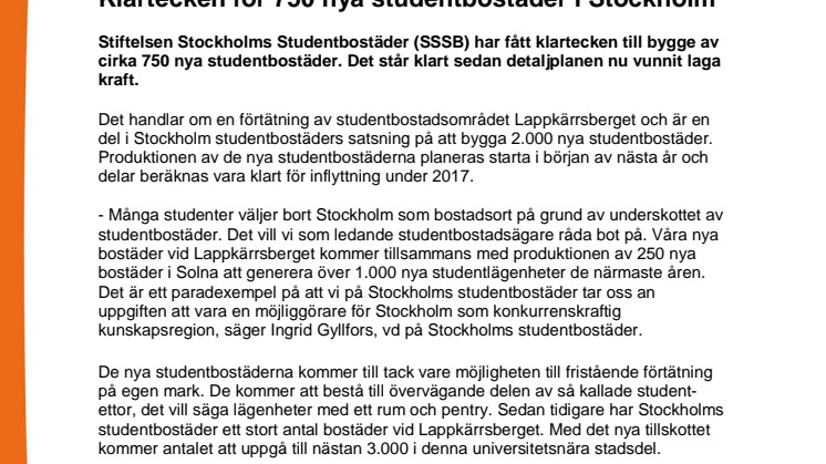 Klartecken för 750 nya studentbostäder i Stockholm