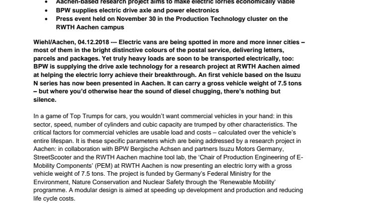 BPW supplies electric drive for new lorry project from PEM at RWTH Aachen, Isuzu Motors Germany and StreetScooter