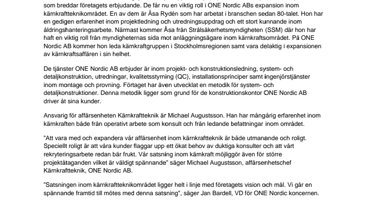 ONE Nordic AB satsar stort på kärnkraftteknik och nyanställer