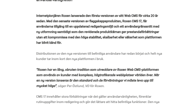Roxen lanserar Roxen CMS 17 med stora förbättringar av användarvänligheten