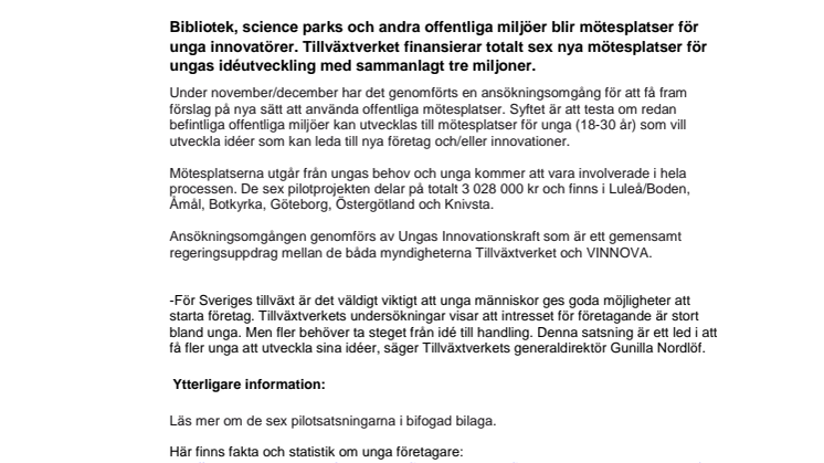 De får bygga mötesplatser för unga innovatörer