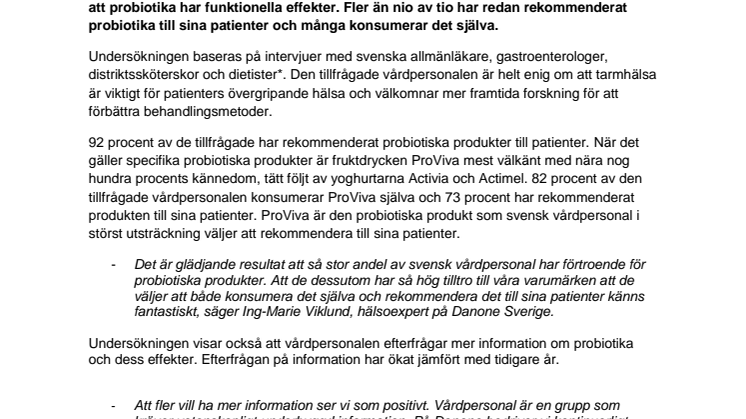 Svensk vårdpersonal tror på probiotikas hälsoeffekter - ProViva är produkten flest rekommenderar sina patienter