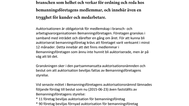 13 nya företag auktoriserade medan 4 utesluts
