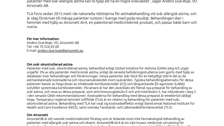 Airsonett skriver avtal med Region Kalmar för behandling av svår allergisk astma med TLA