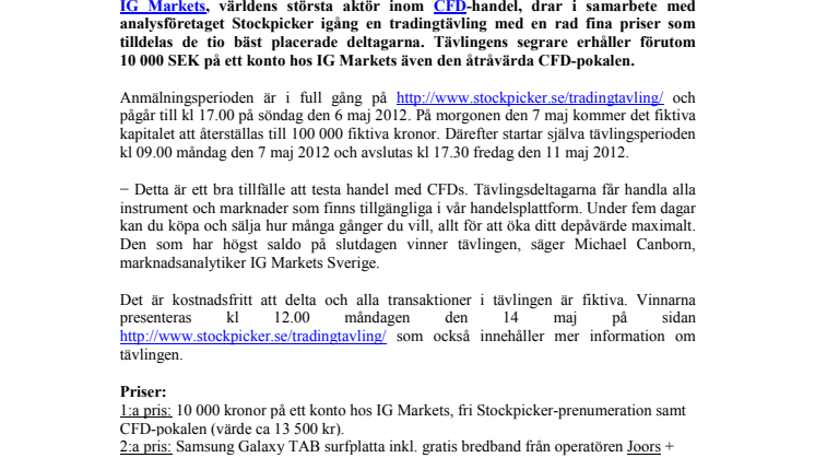Sveriges bästa trader ska krönas! IG Markets och Stockpicker bjuder in till tradingtävling.