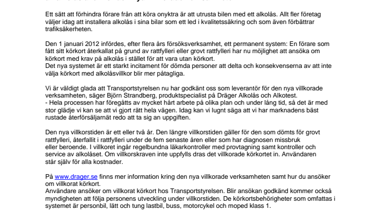Nya regler i den villkorade verksamheten – Dräger Alkolås godkänd av Transportstyrelsen