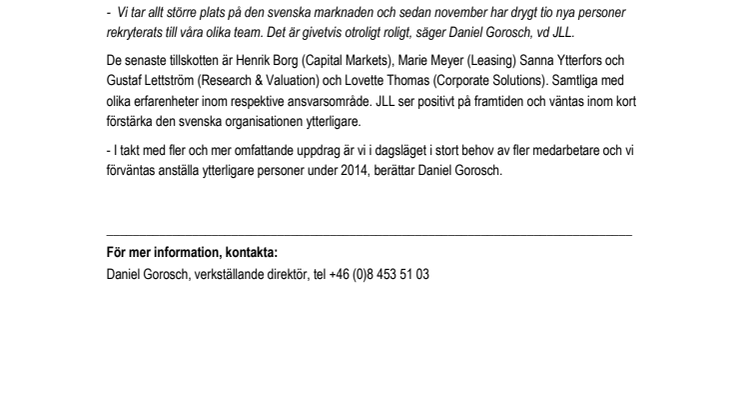 JLL storsatsar i Sverige