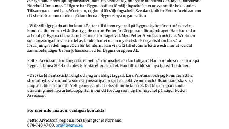 Bygma förstärker med regional försäljningschef i Norrland