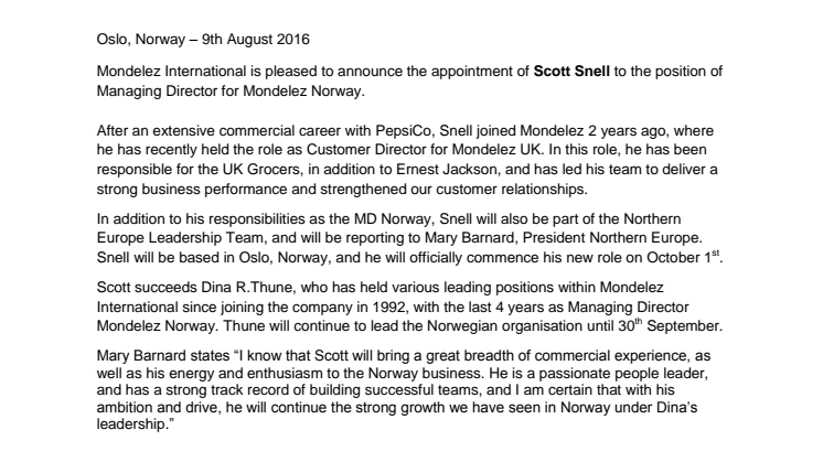 Mondelez appoints new Managing Director for Norway