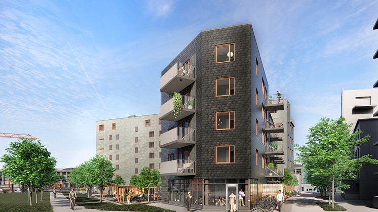 Byggprojektet Avigan, som numera går under namnet Hyllie Homes, består av 68 bostadsrättslägenheter. Högst upp finns fyra takterrasser med en fantastisk utsikt ut mot Öresundsbron. Illustration: Panorama arkitekter