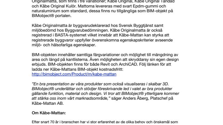 Kåbe-Mattan lanserar BIM-objekt i samarbete med BIMobject®
