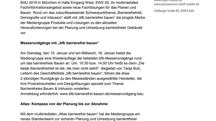 BAU 2019: Rudolf Müller Mediengruppe zeigt mit „bfb barrierefrei bauen“ Lösungen rund um Barrierefreiheit