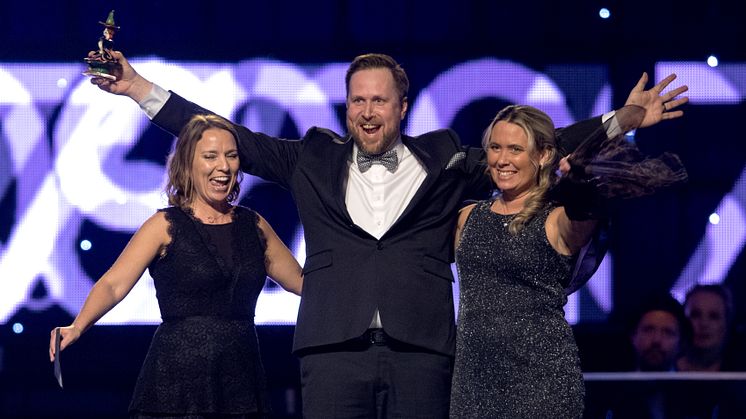 Årets peppare Sara Marklund, Mathias Åström och Carina Söderlind Löfvander, Gerestaskolan, Härnösand under Idrottsgalan den 15 januari 2018 i Stockholm.
