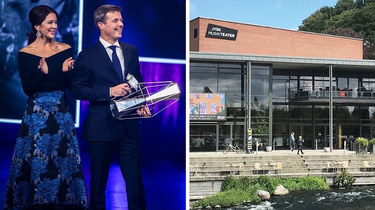 Kronprinsparret fotograferet af Ulrik Jantzen ved sidste års prisuddeling, og Jysk Musikteater i Silkeborg