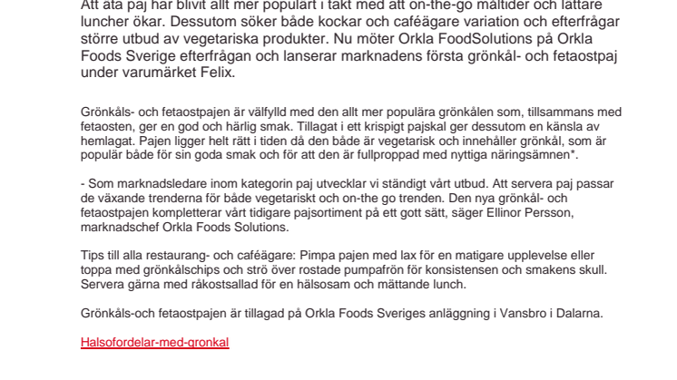 Marknadens första grönkål- och fetaostpaj till restaurang och storhushåll 