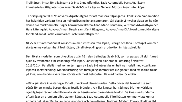 National Electric Vehicle Sweden AB förvärvar huvuddelen av tillgångarna i Saab Automobile 