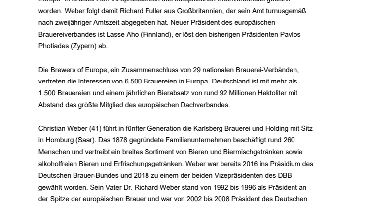  Brewers of Europe wählen Christian Weber zum Vizepräsidenten 