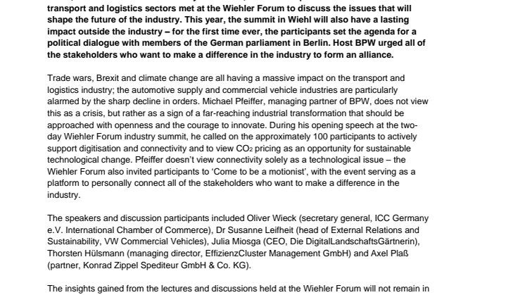 Summit with a lasting impact: BPW takes issues and demands from transport and logistics sector from Wiehl to German parliament
