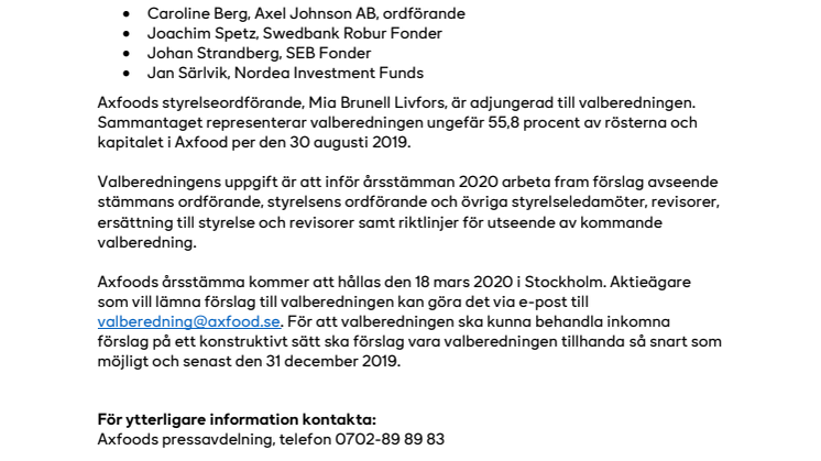 Valberedning inför Axfoods årsstämma 2020