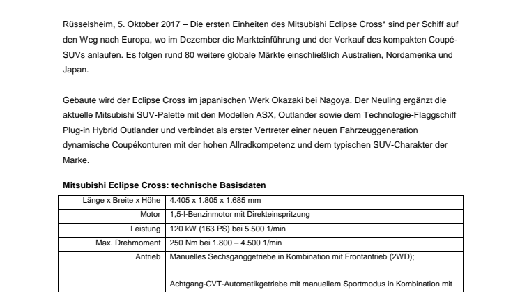  Neuer Eclipse Cross: Erste Fahrzeuge unterwegs nach Europa