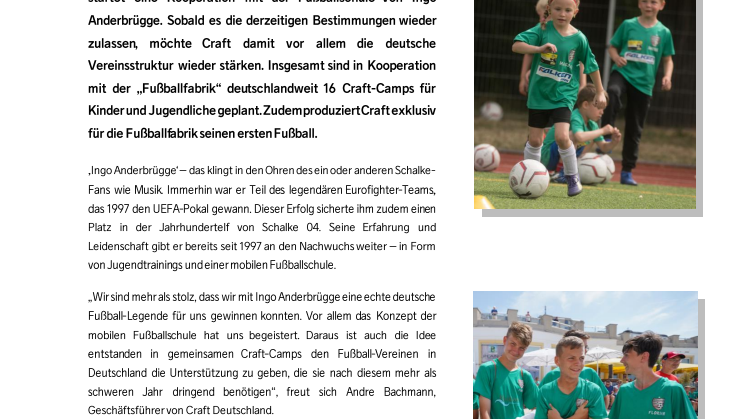 Craft kooperiert mit Ingo Anderbrügges Fußballfabrik  und unterstützt Nachwuchsarbeit