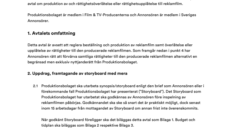 Produktionsavtal för reklamfilm 16 mars 2015