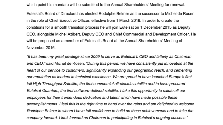 Rodolphe Belmer to succeed Michel de Rosen as CEO of Eutelsat Communications on 1 March 2016