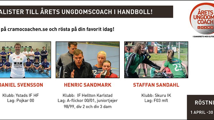 Tre finalister till Årets Ungdomscoach i handboll som koras 27 maj