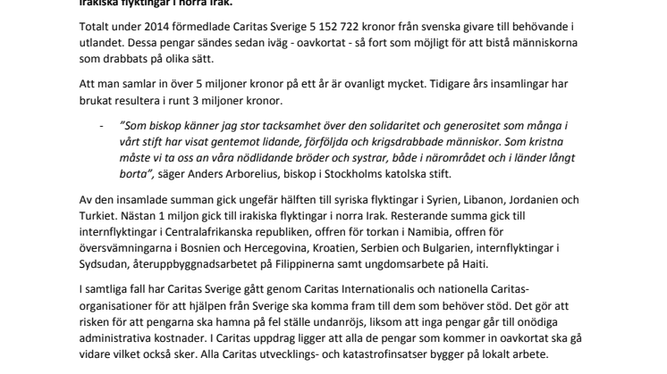 Caritas Sverige förmedlade över 5,1 miljoner kronor till behövande under 2014
