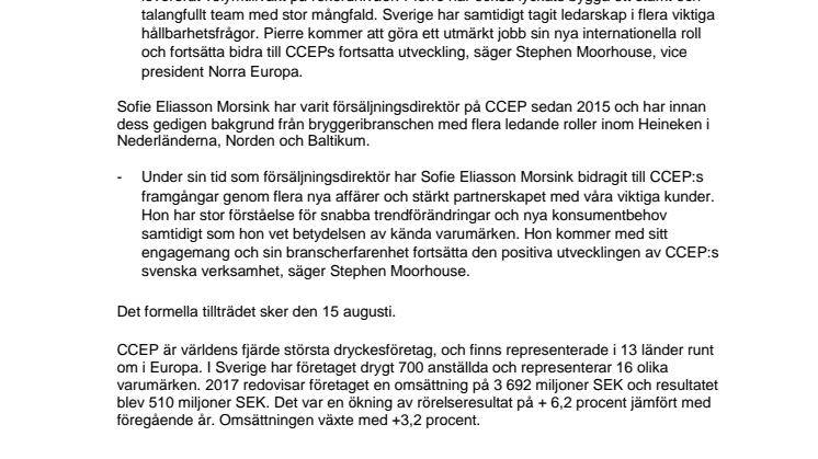 Sofie Eliasson Morsink blir ny vd för Coca-Cola European Partners i Sverige
