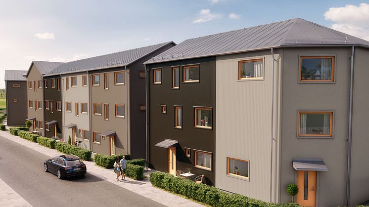 Brf Elins Trädgårdar - 3D-bild av flerbostadshus från lokalgata.