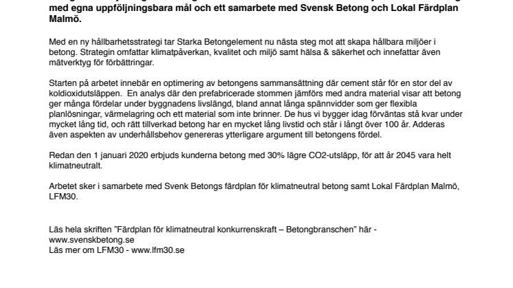 Starka Betongelement erbjuder kunderna betong med 30% lägre CO2-utsläpp redan vid årsskiftet