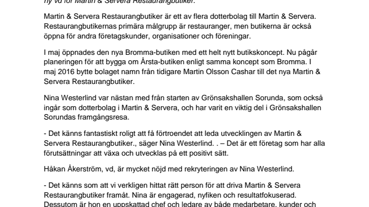 Nina Westerlind ny vd för Martin & Servera Restaurangbutiker