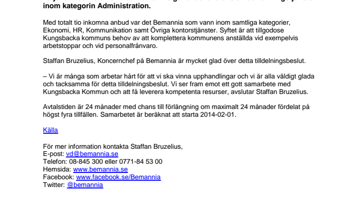 Bemannia vinner Kungsbacka kommuns upphandling avseende bemanningstjänster 