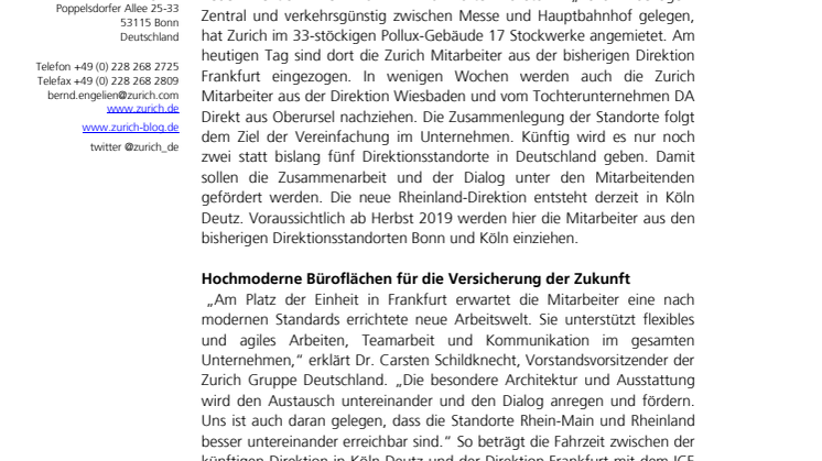 Zurich bezieht neue Rhein-Main Direktion in Frankfurt