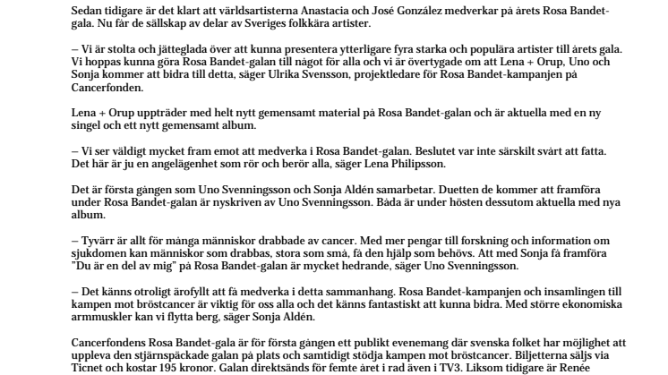 Svenska stjärnor till årets Rosa Bandet-gala – Lena + Orup, Uno Svenningsson och Sonja Aldén till Globen 28 oktober