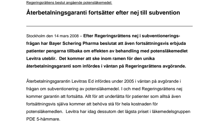 Regeringsrättens beslut angående potensläkemedel: Återbetalningsgaranti fortsätter efter nej till subvention