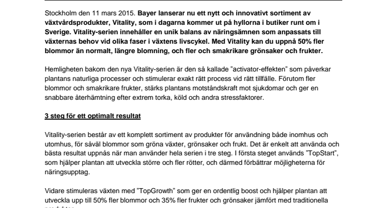Bayer Garden lanserar Vitality – en ny serie växtvårdsprodukter med unika egenskaper