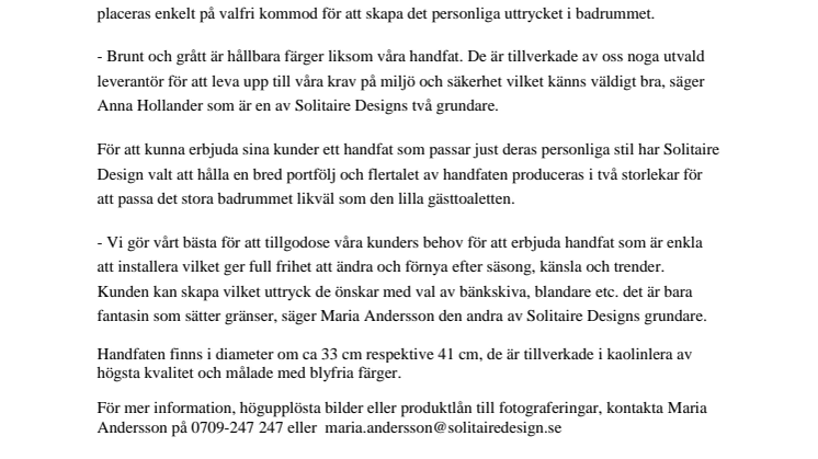 Pressmeddelande & nya pressbilder  - Snart släpps Solitaire Designs nya handfat!