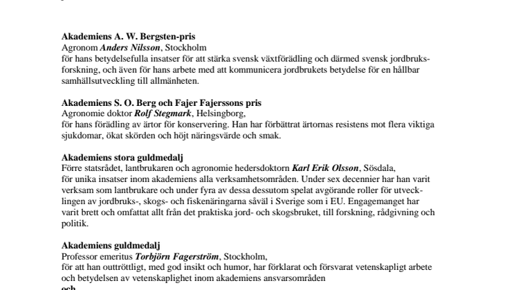 KSLA har utsett 2018 års pris- och belöningsmottagare